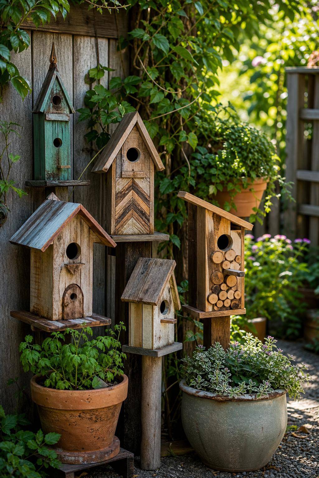 Garten-Upcycling-Ideen- Verarbeite Holzreste zu individuellen Vogelhäusern