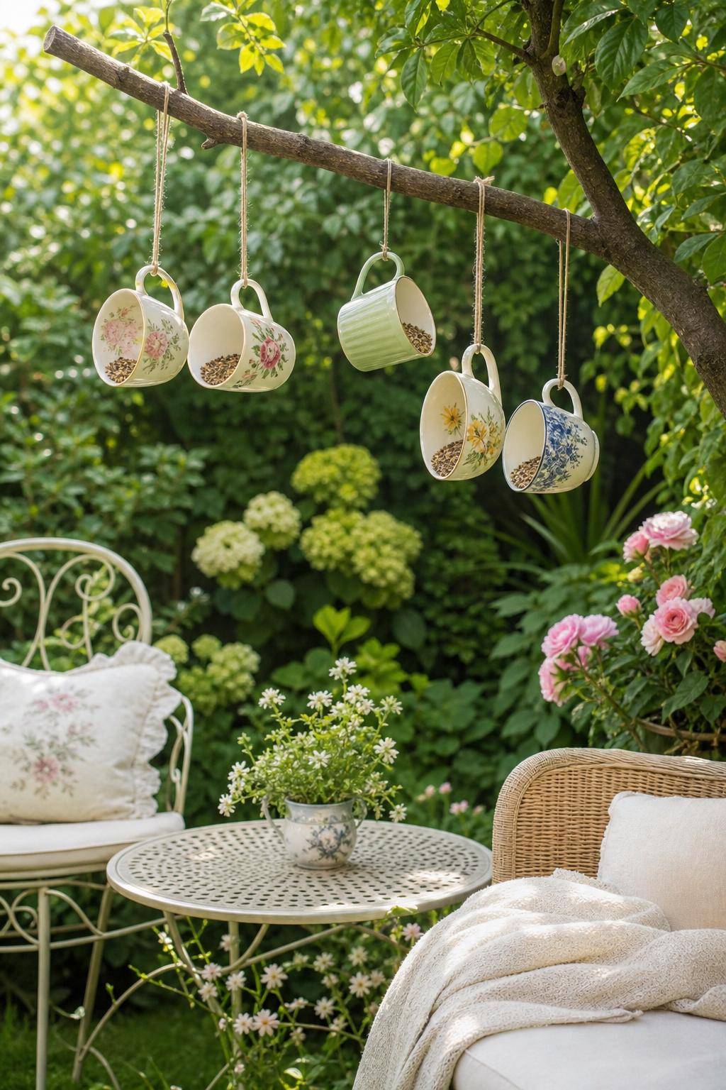 Garten-Upcycling-Ideen- Verwende Tassen als charmante Vogelfutterstation