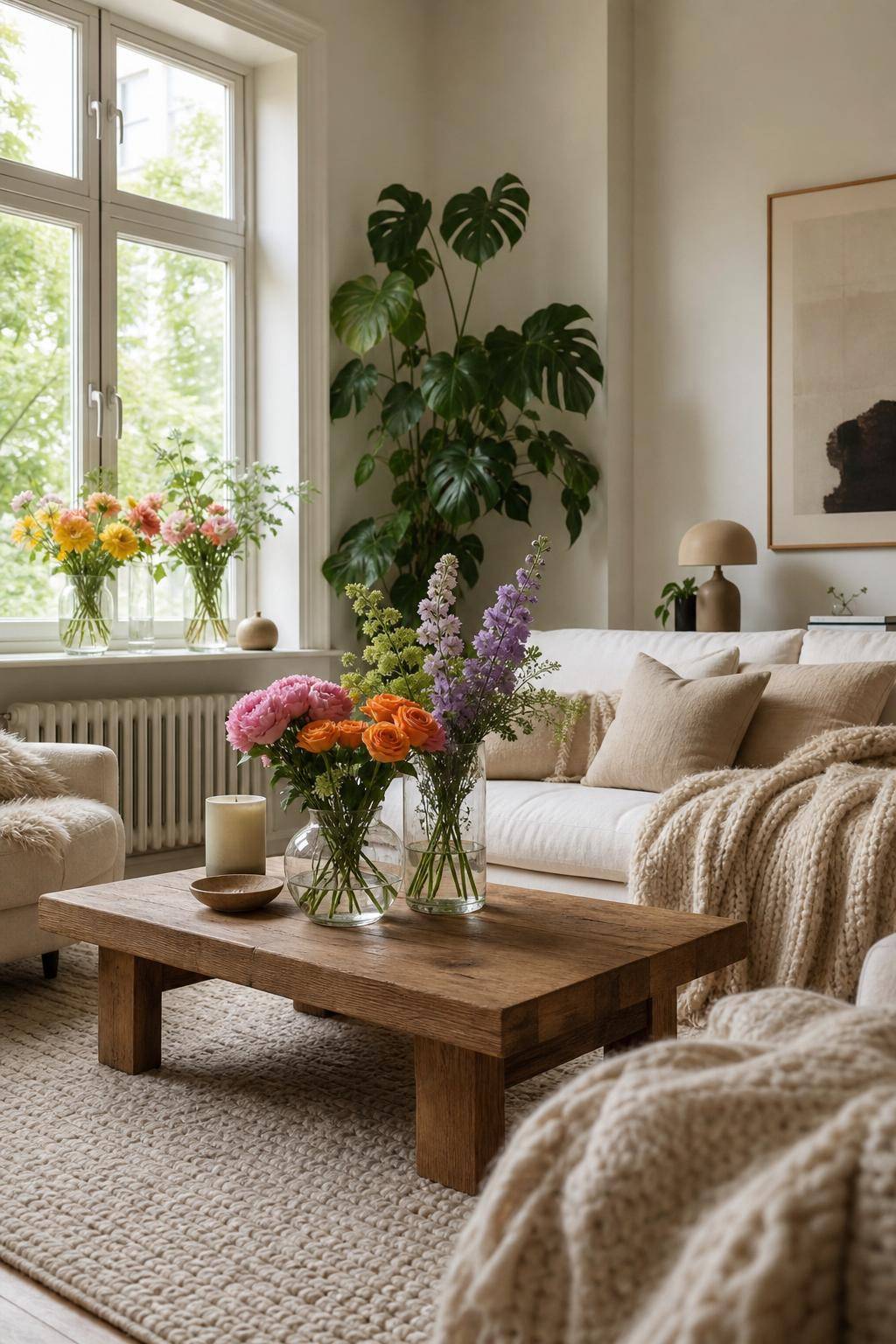 Gemütliche Einrichtung- Fülle Vasen mit frischen Blumen