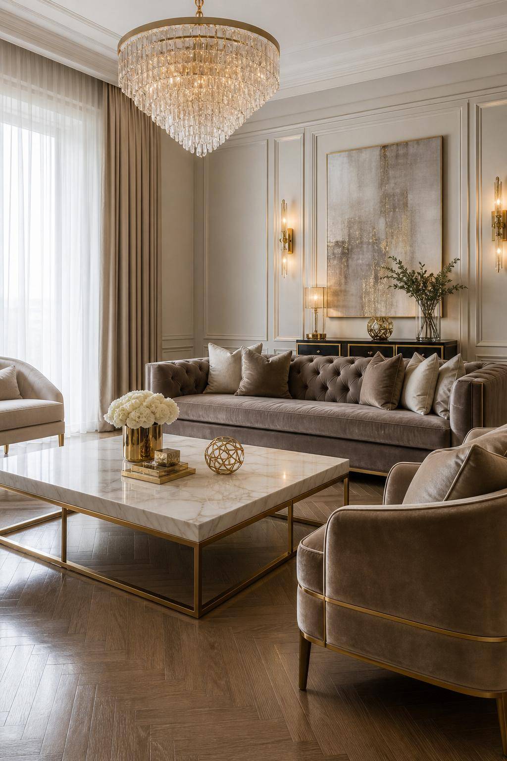 Glamour-Einrichtungsstil- Betone Möbel mit goldenen Griffen