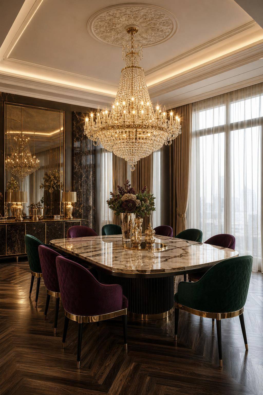 Glamour-Einrichtungsstil- Hänge opulente Kronleuchter über den Esstisch