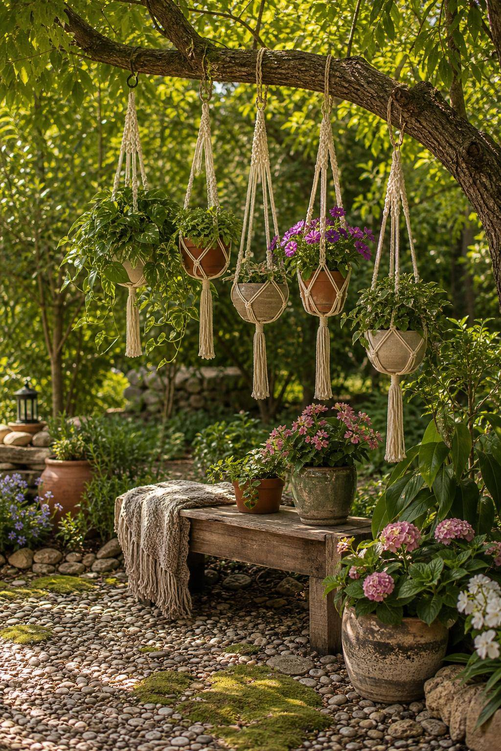 Ideen: Garten-Deko- Hänge Makramee-Blumenampeln an Äste