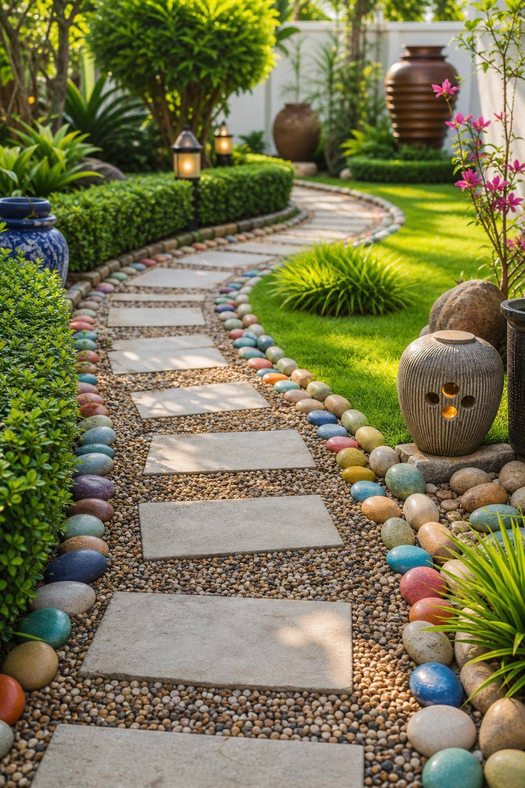 Ideen: Garten-Deko- Streue bunte Kieselsteine als Wegbegrenzung