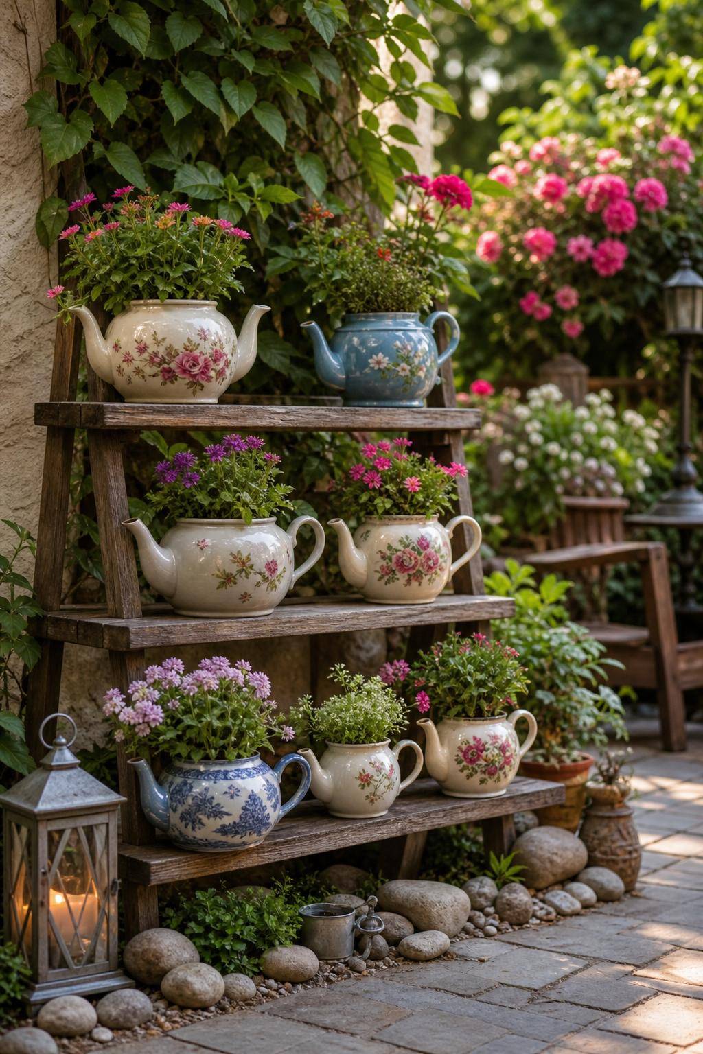 Ideen: Garten-Deko- Verwende alte Teekannen als Pflanztöpfe