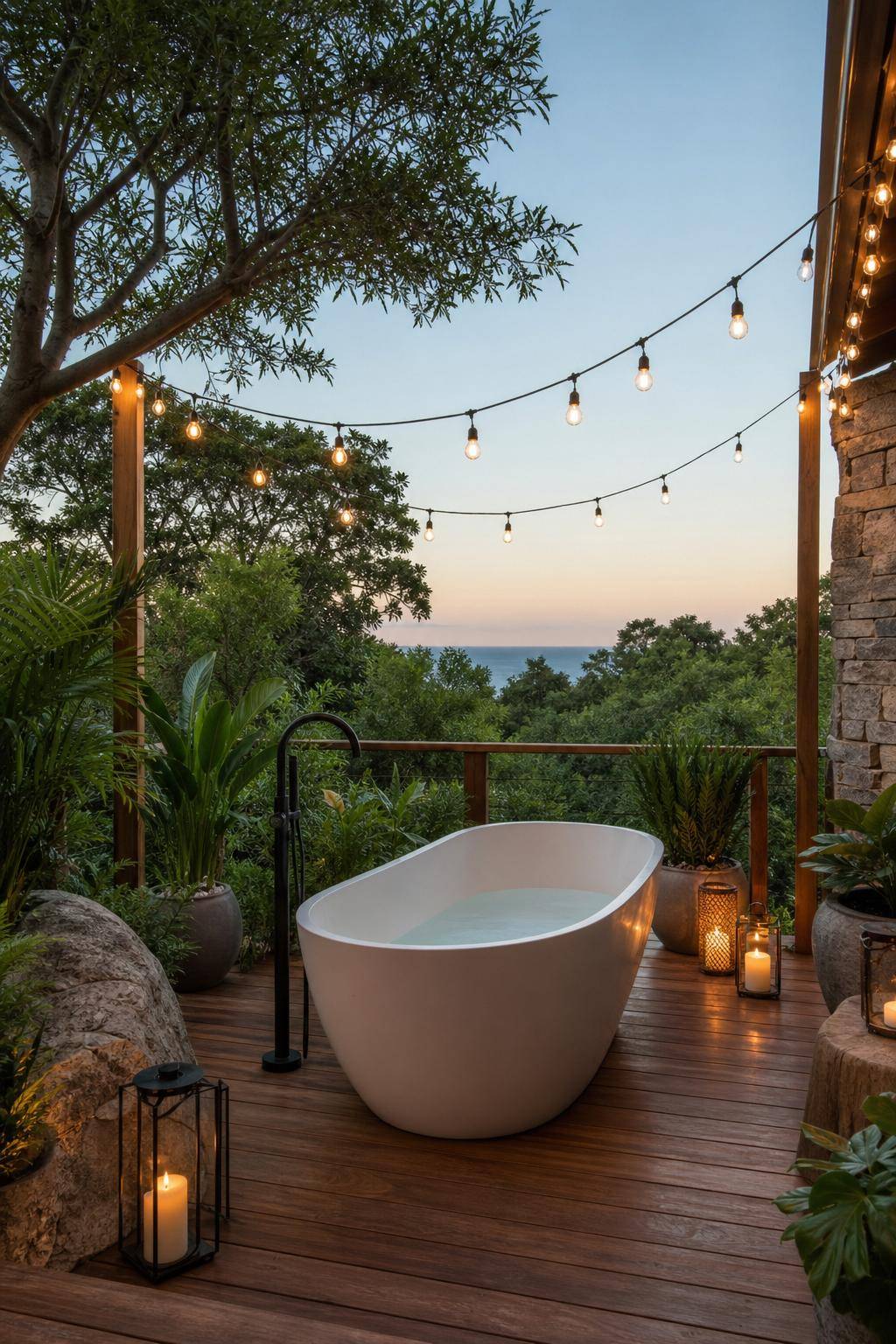 Ideen für Badewanne im Freien- Hänge Lichterketten über deine Badewanne