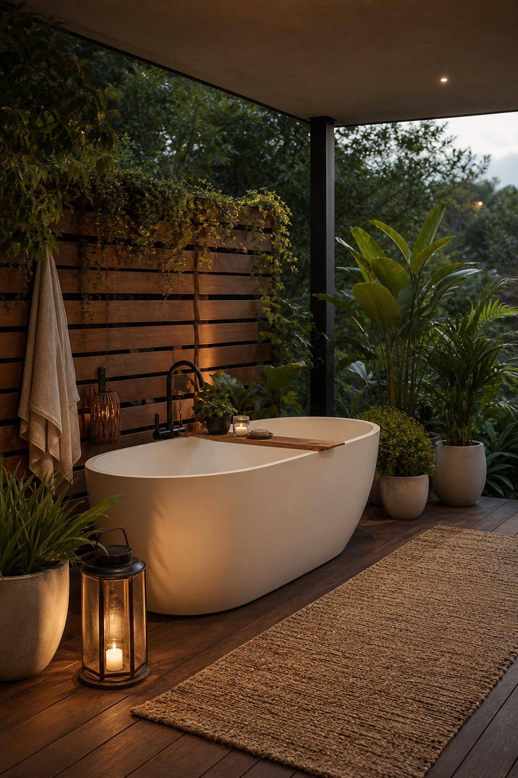 Ideen für Badewanne im Freien- Nutze Outdoor-Teppiche für warme Füße
