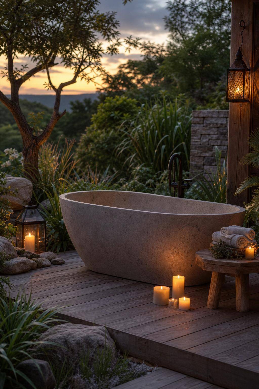 Ideen für Badewanne im Freien- Verwende Kerzen für eine ruhige Atmosphäre