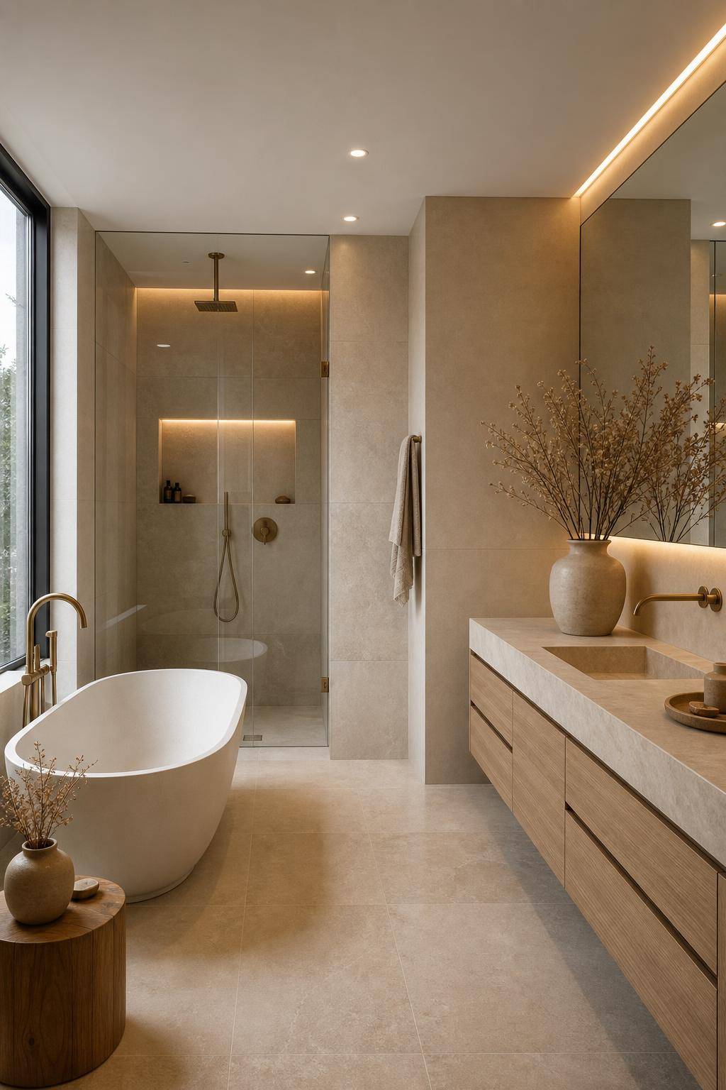 Ideen für Badezimmer in Beige- Schmücke mit Trockenblumen für natürliche Deko