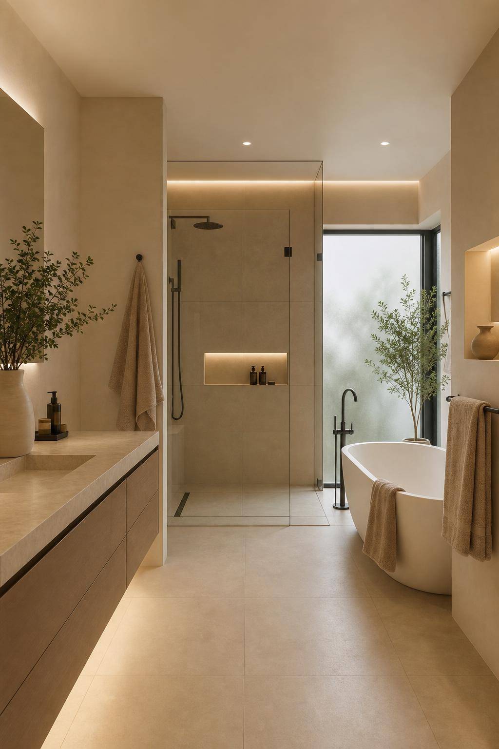 Ideen für Badezimmer in Beige- Streiche die Decke in hellem Beige für Weite
