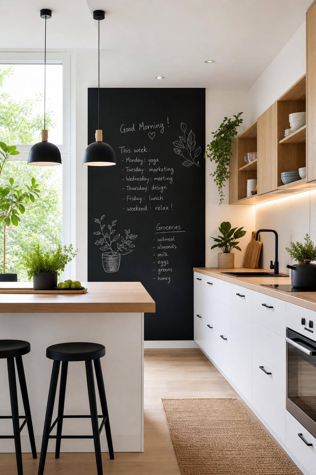 Ideen für Küche im skandinavischen Stil- Bringe persönliche Notizen auf einer Tafelwand an
