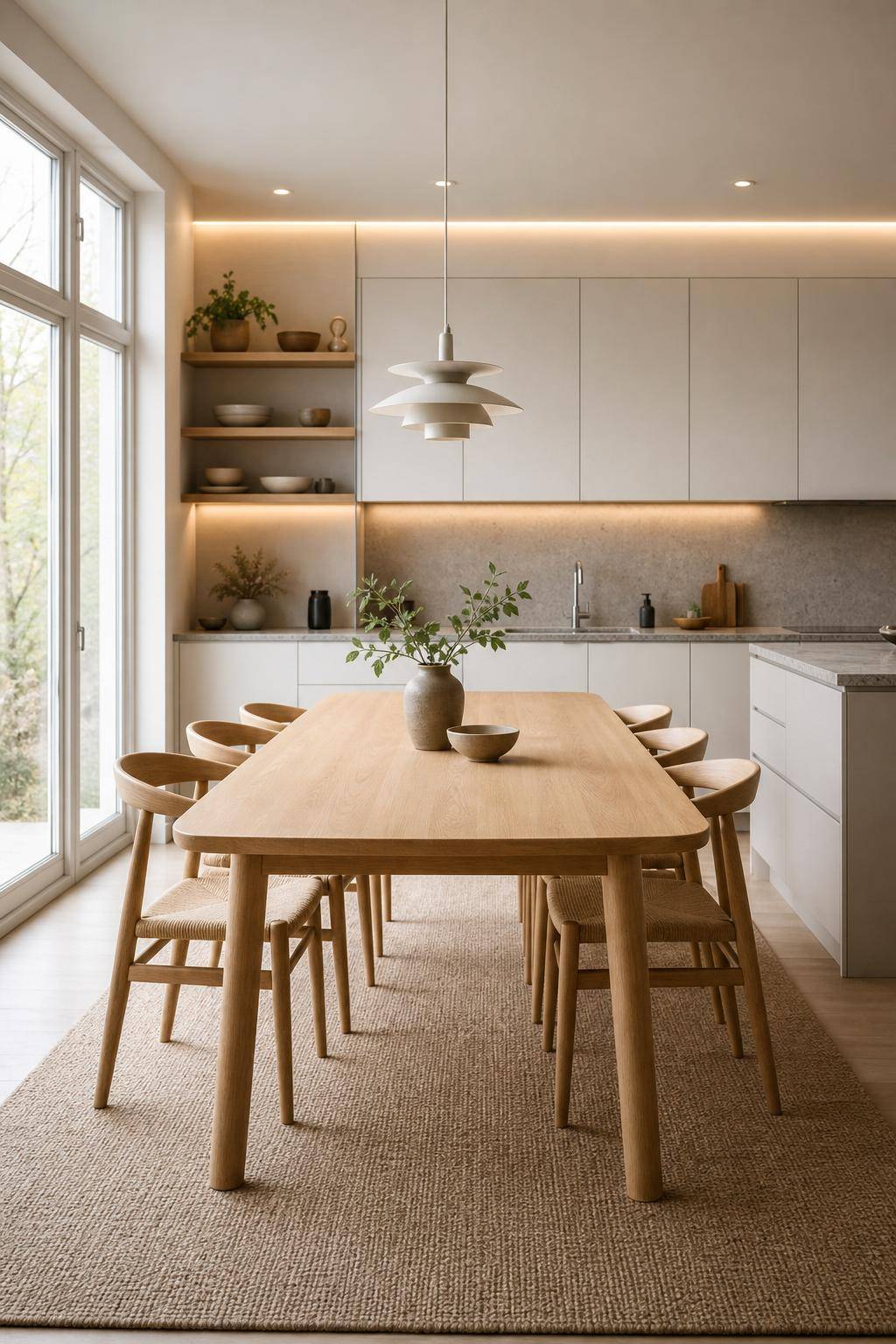 Ideen für Küche im skandinavischen Stil- Platziere Esstisch aus hellem Holz als Mittelpunkt