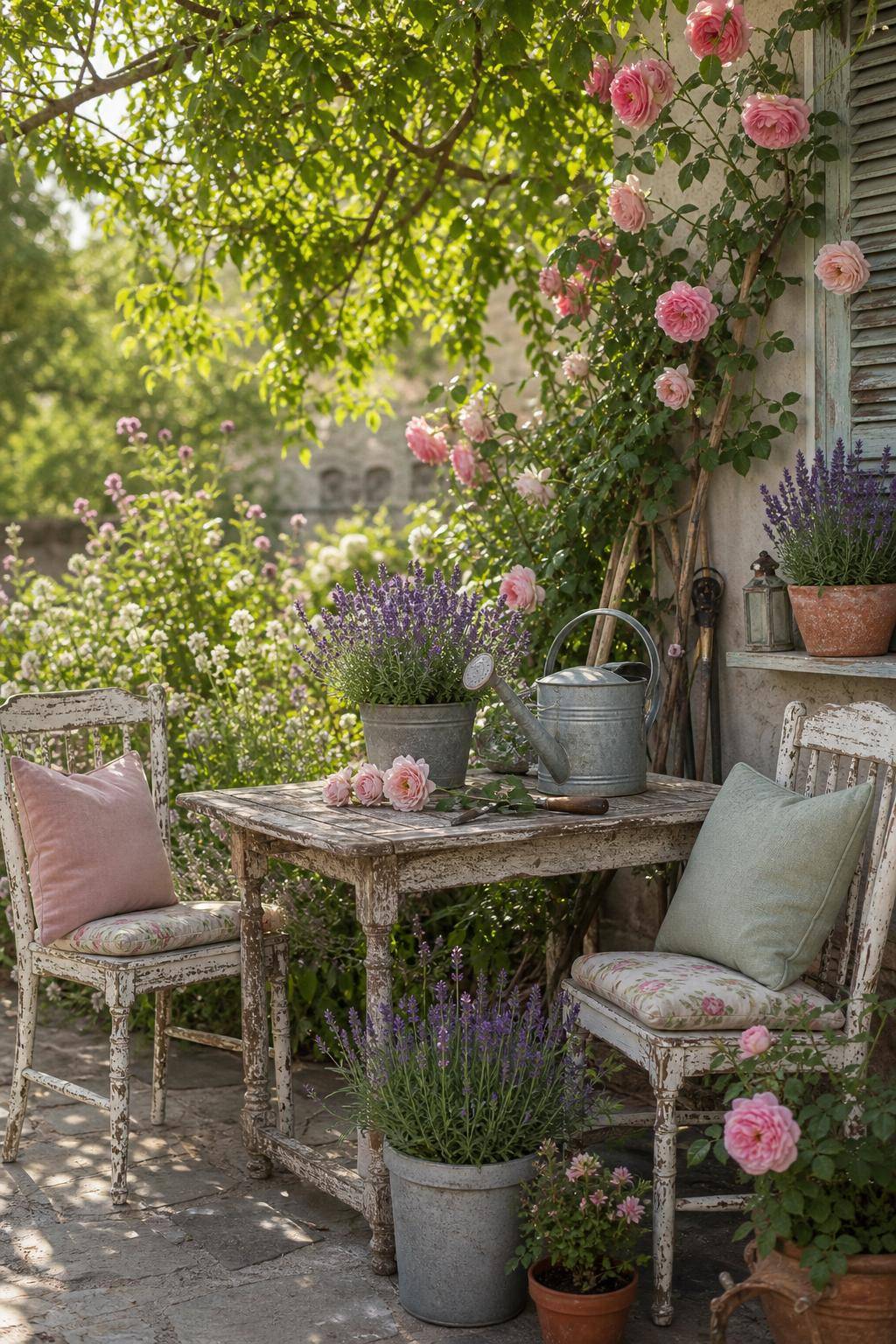 Ideen für Shabby-Chic-Garten-Stelle alte Holzmöbel charmant im Garten auf