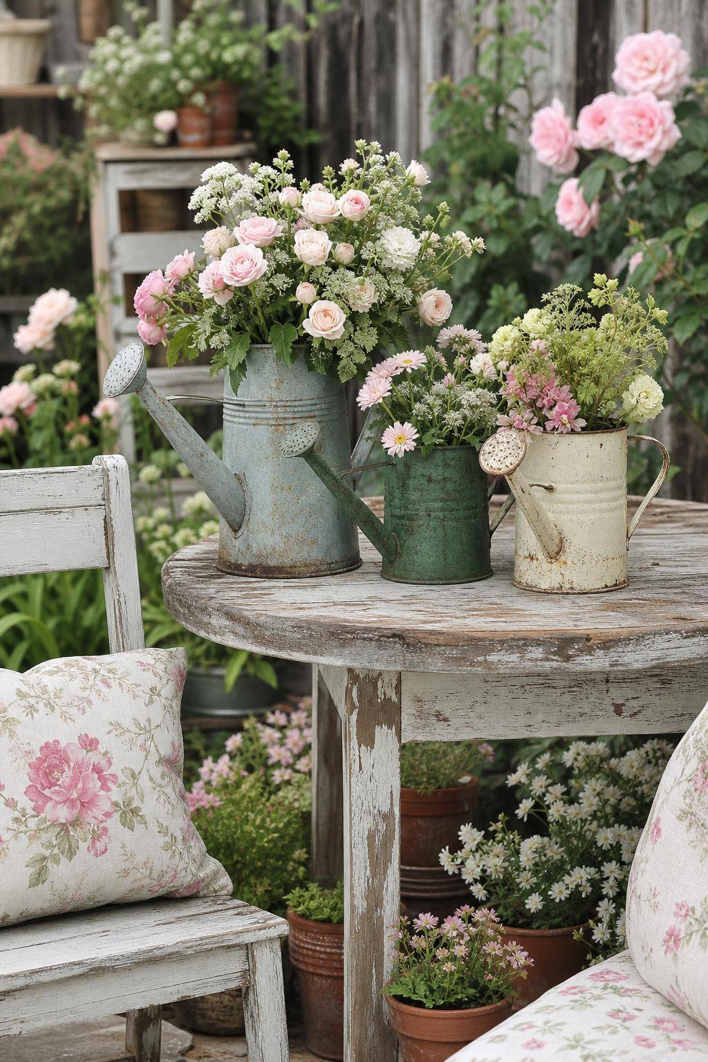 Ideen für Shabby-Chic-Garten- Arrangiere Gießkannen als Blumenvasen