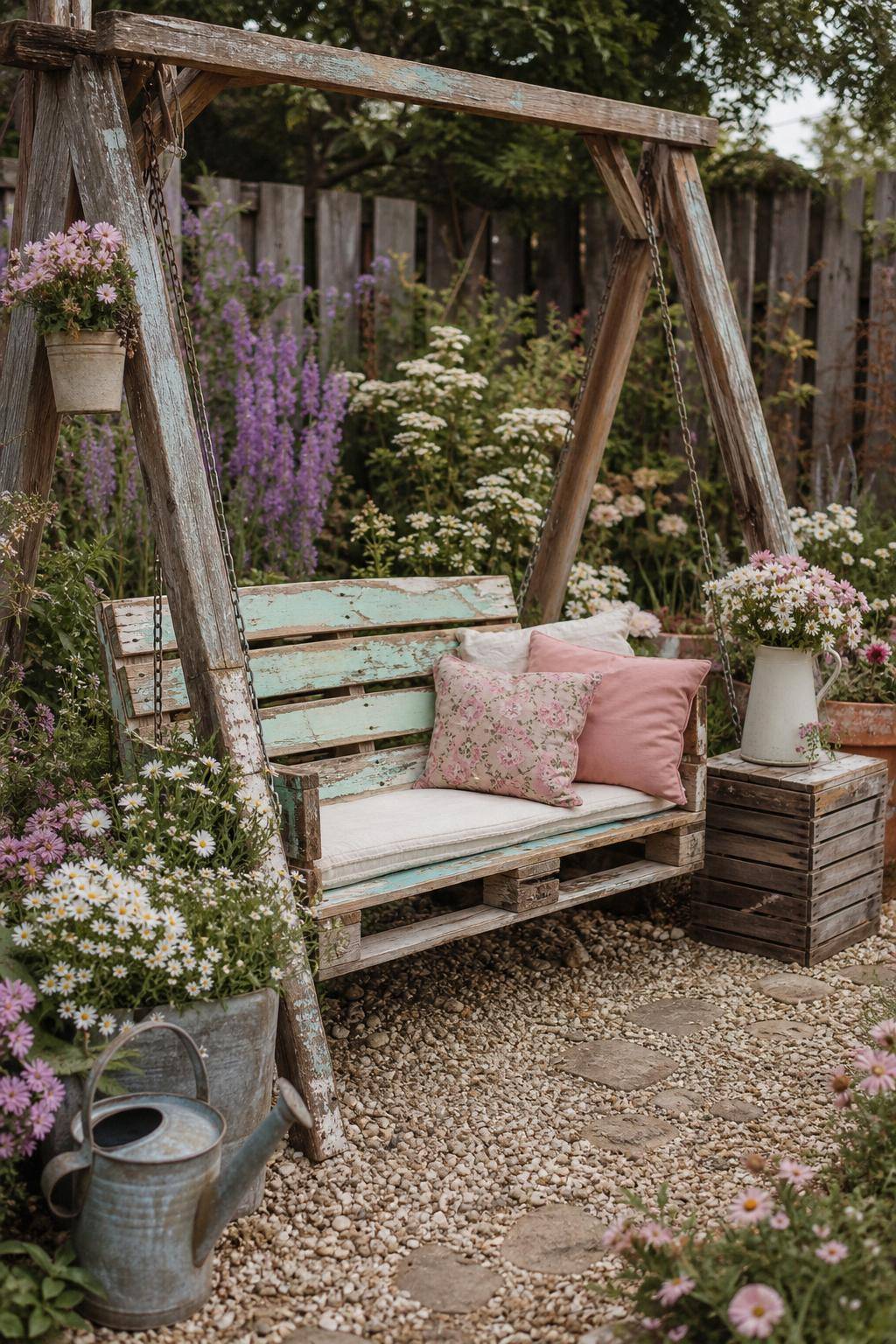 Ideen für Shabby-Chic-Garten- Baue eine Schaukel aus alten Holzpaletten