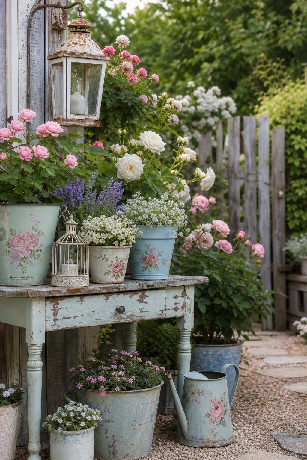 Ideen für Shabby-Chic-Garten- Bemale Blumenübertöpfe im Pastell-Look