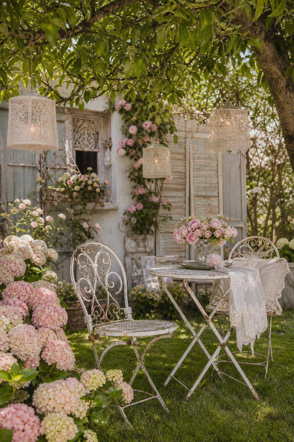 Ideen für Shabby-Chic-Garten- Hänge Lampions aus Spitzenstoff in Bäume