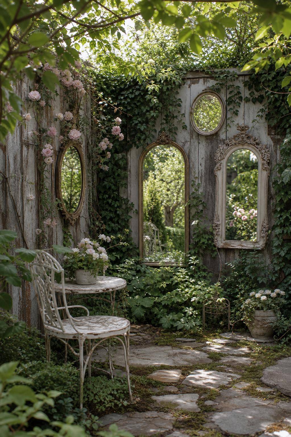 Ideen für Shabby-Chic-Garten- Hänge alte Spiegel an versteckte Gartenwände