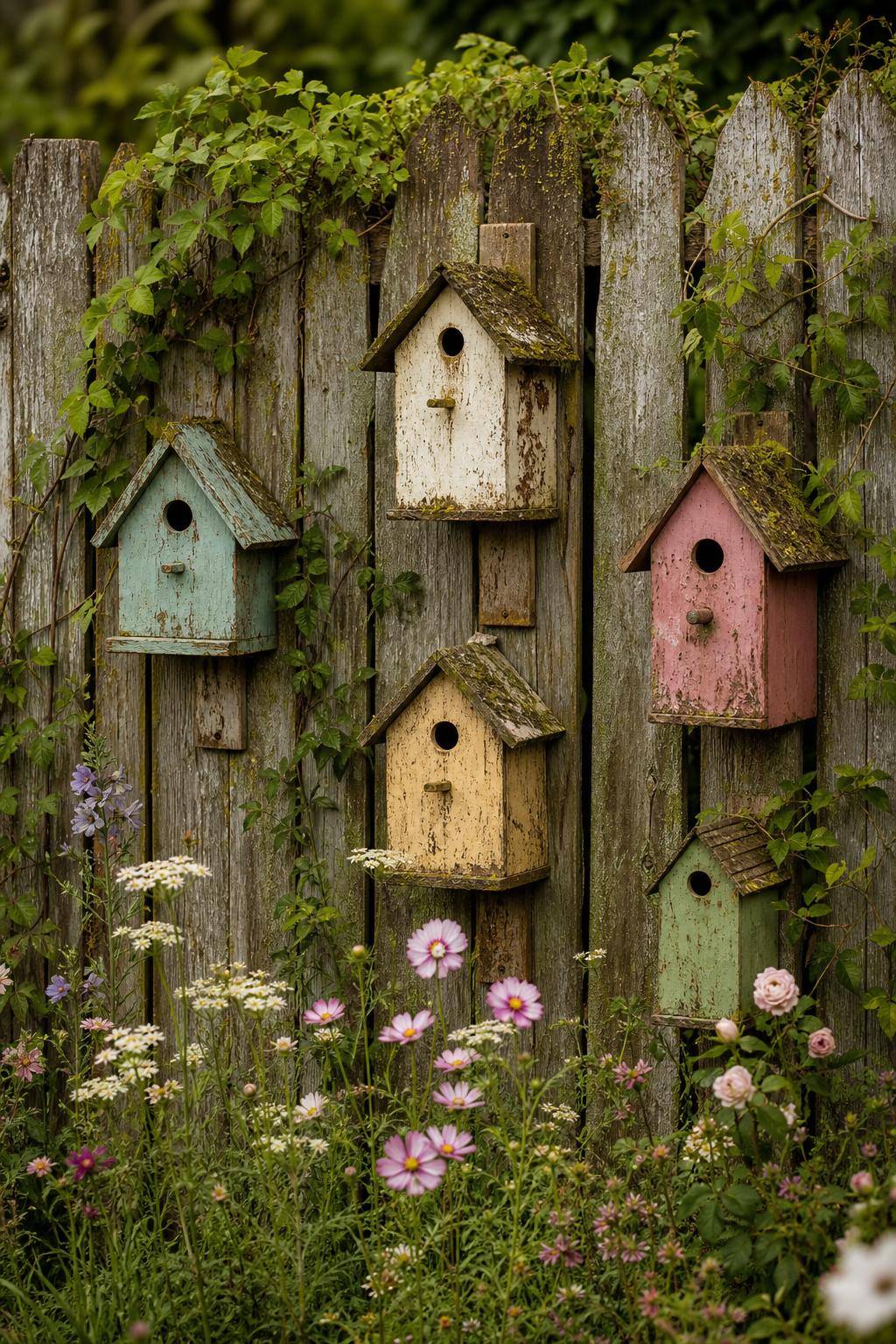Ideen für Shabby-Chic-Garten- Montiere Vogelhäuser im Used-Look an Zäune