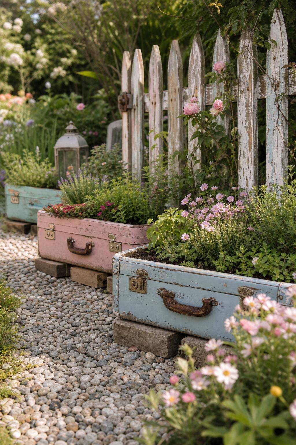 Ideen für Shabby-Chic-Garten- Nutze Koffer als originelle Beetumrandung