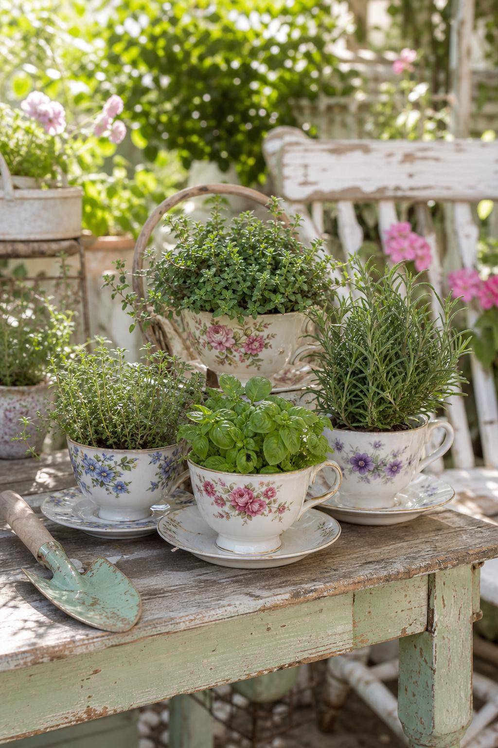 Ideen für Shabby-Chic-Garten- Pflanze Kräuter in verzierte Teetassen