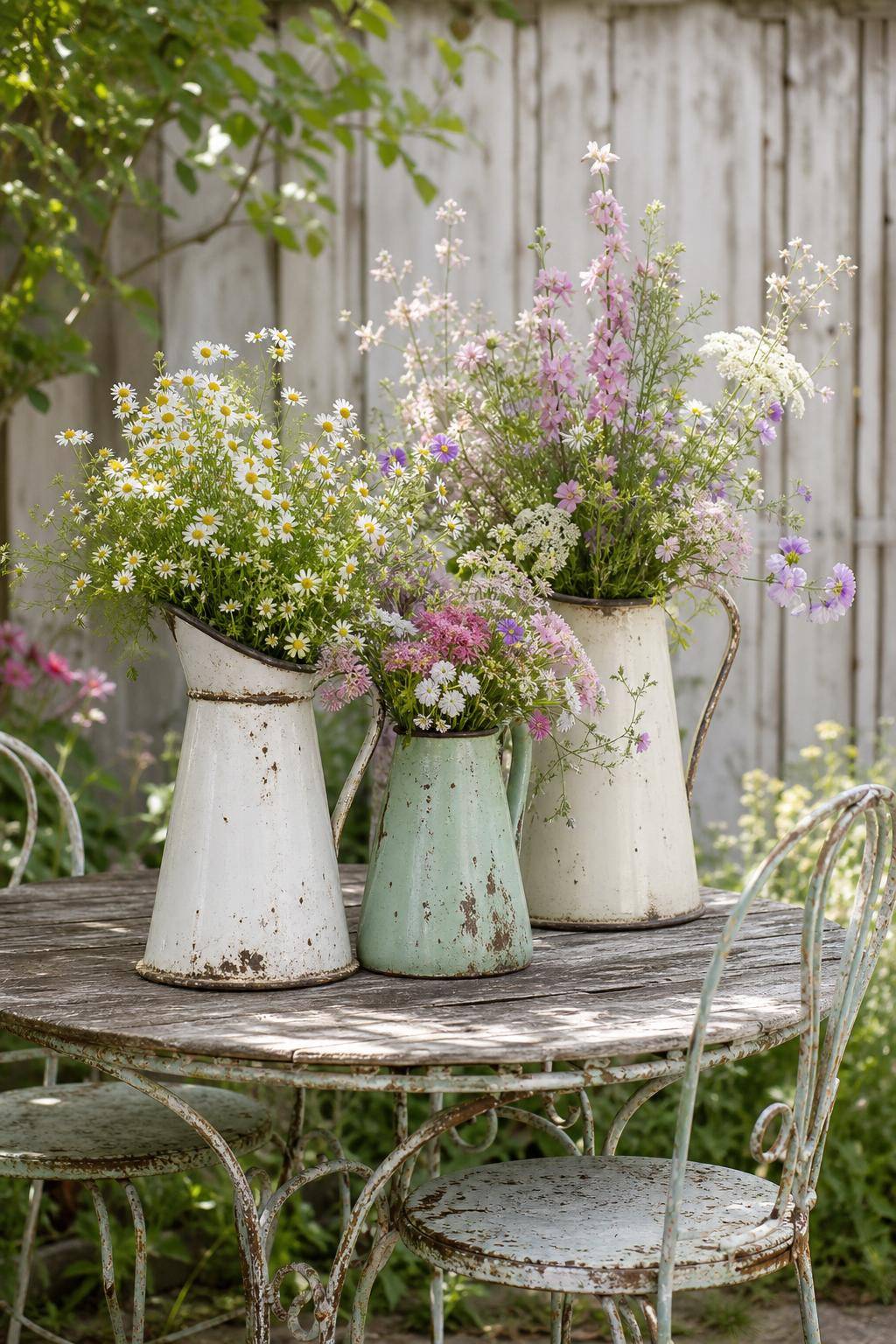 Ideen für Shabby-Chic-Garten- Pflanze Wildblumen in nostalgische Emaillekannen