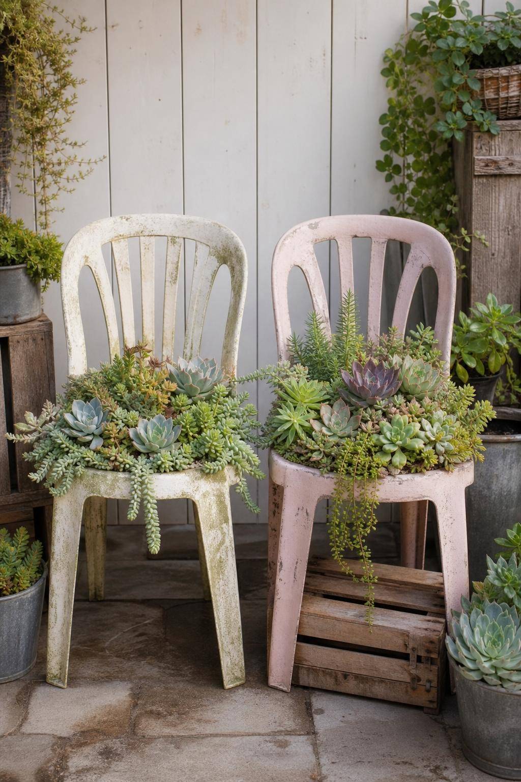 Ideen für Shabby-Chic-Garten- Präsentiere Sukkulenten in antiken Plastikstühlen