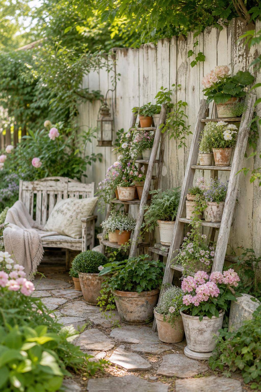 Ideen für Shabby-Chic-Garten- Stelle Holzleitern als Pflanzenregale auf