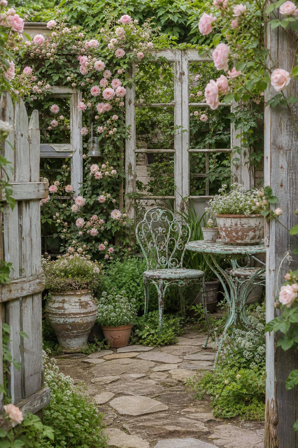 Ideen für Shabby-Chic-Garten- Verwende antike Fensterrahmen als Rankhilfe