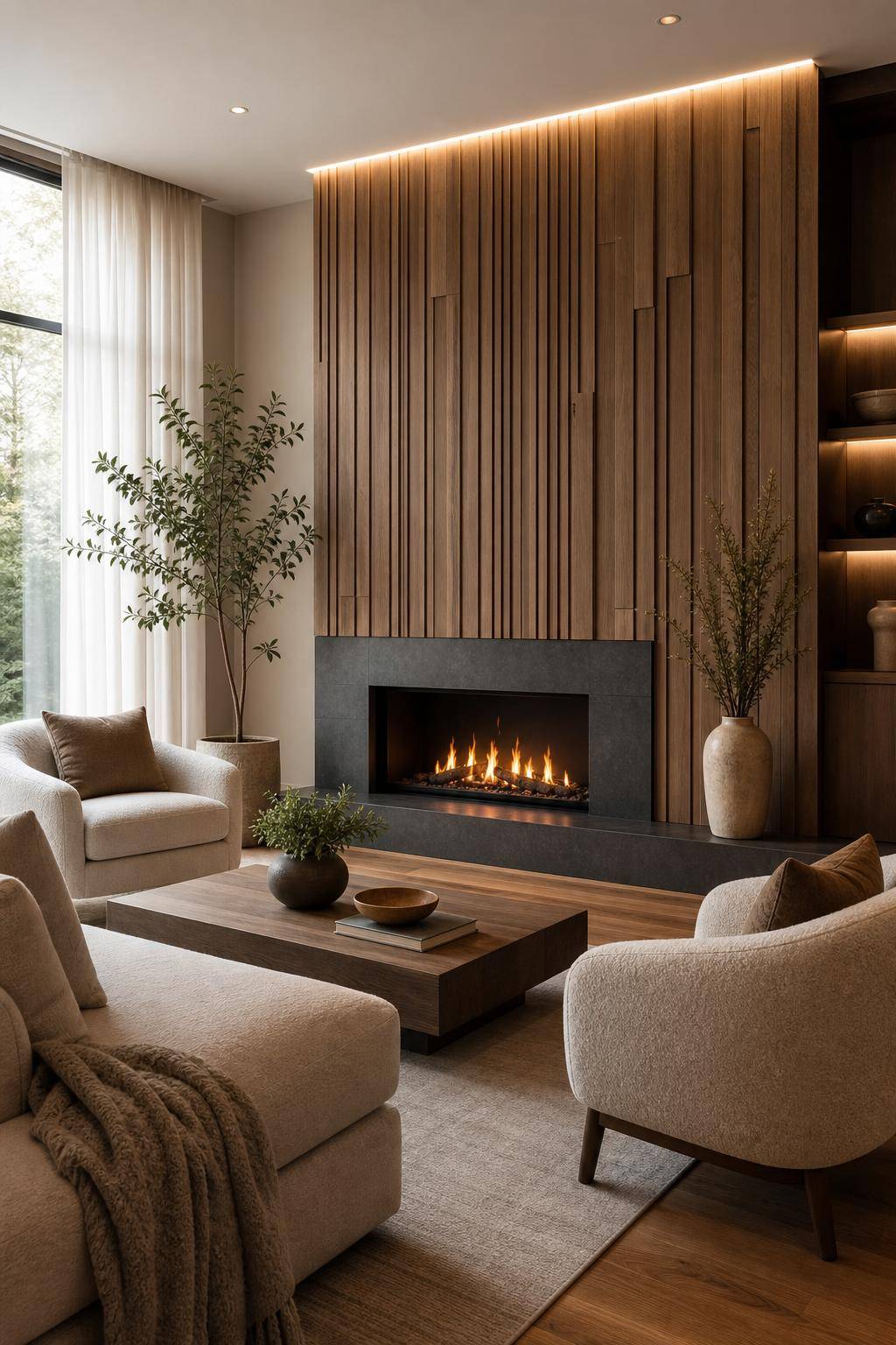 Ideen und Inspiration: Wandpaneele im Wohnzimmer- Betone den Kamin mit strukturierten Paneelen