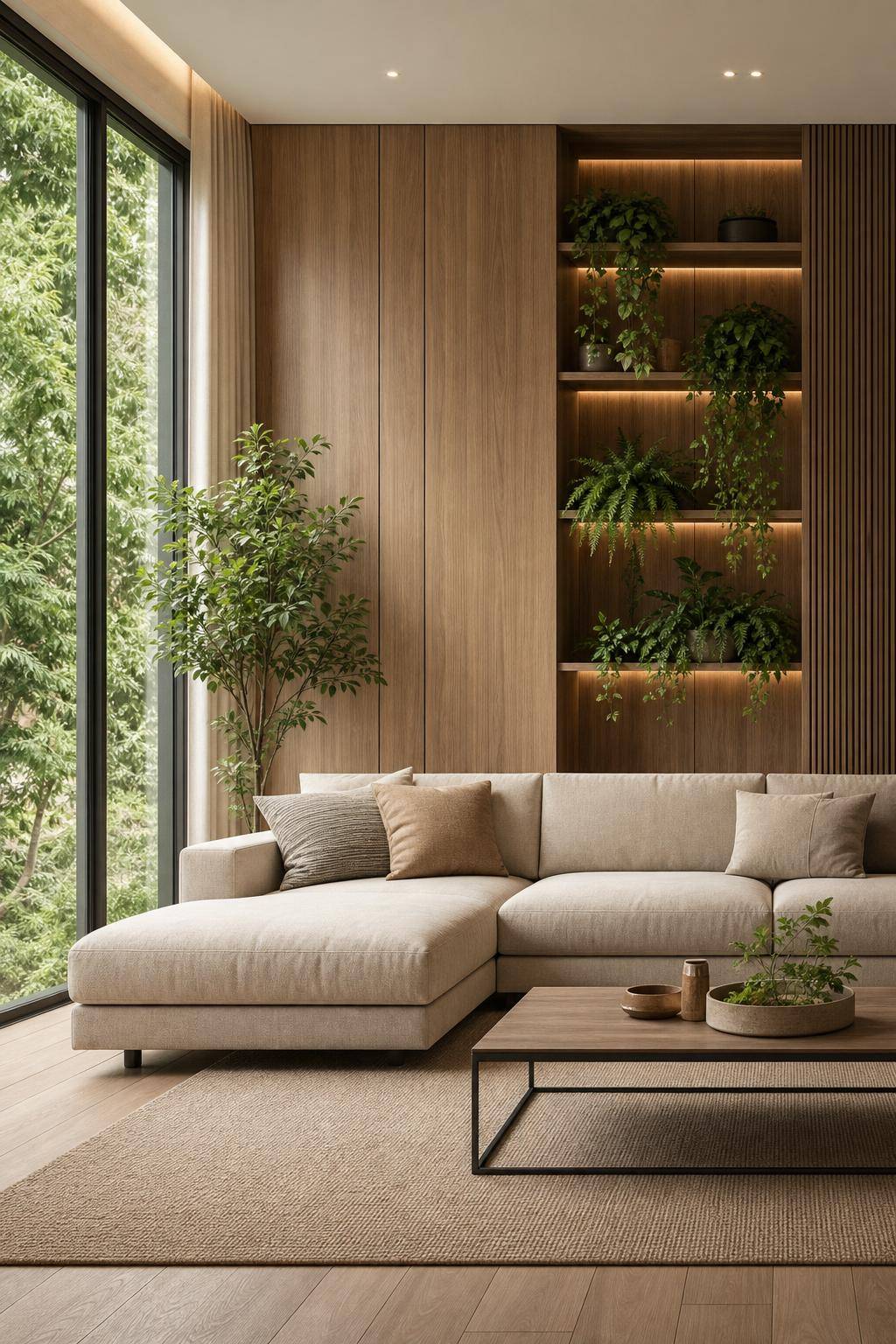 Ideen und Inspiration: Wandpaneele im Wohnzimmer- Ergänze Pflanzenregale in Paneel-Lücken