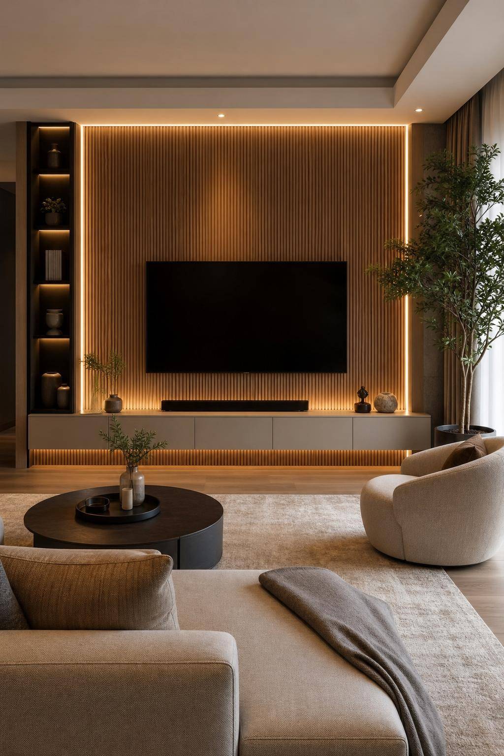 Ideen und Inspiration: Wandpaneele im Wohnzimmer- Installiere Paneele als TV-Hintergrund für Stil