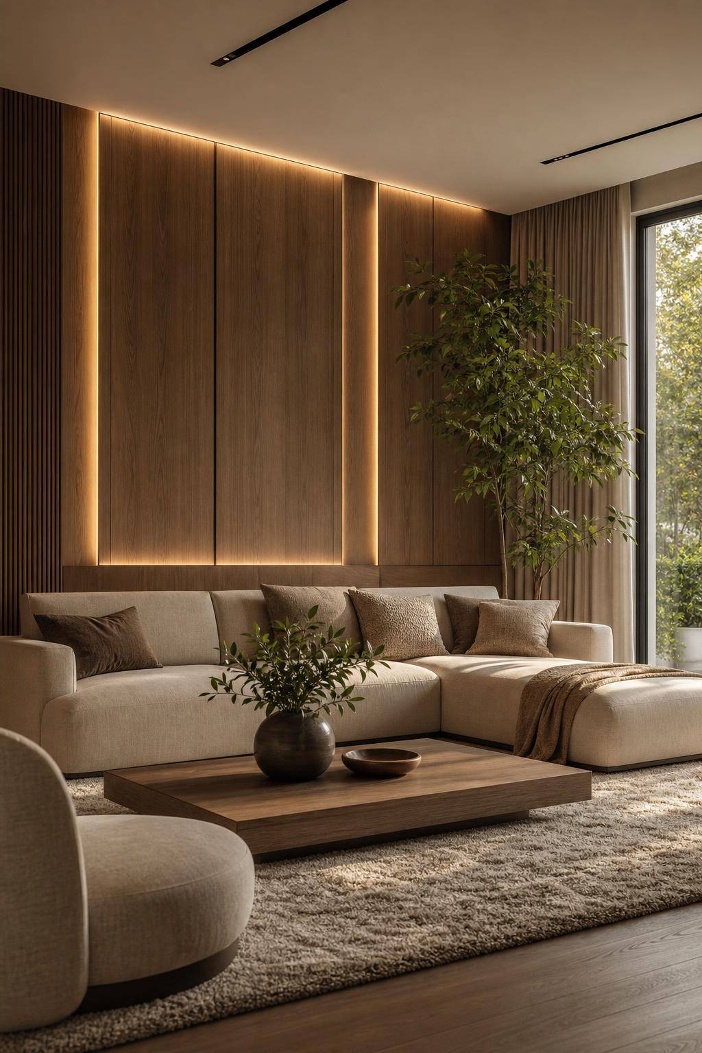 Ideen und Inspiration: Wandpaneele im Wohnzimmer- Integriere indirekte Beleuchtung hinter Wandpaneelen