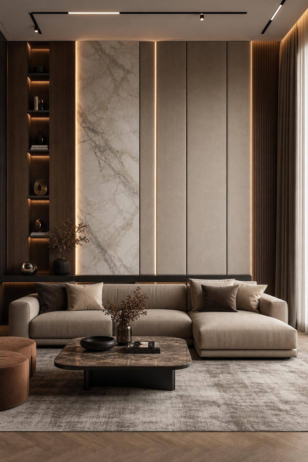 Ideen und Inspiration: Wandpaneele im Wohnzimmer- Mixe verschiedene Materialien für spannende Optiken