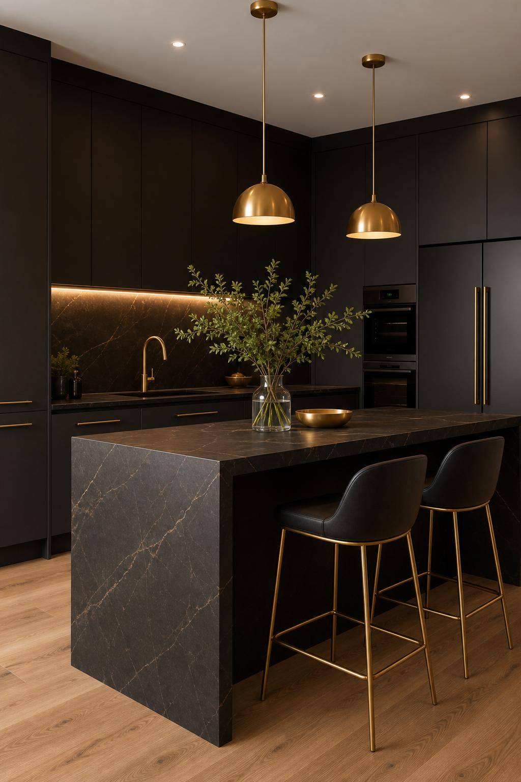 Inspiration für Küche in Schwarz- Ergänze goldene Accessoires für einen Hauch Glamour