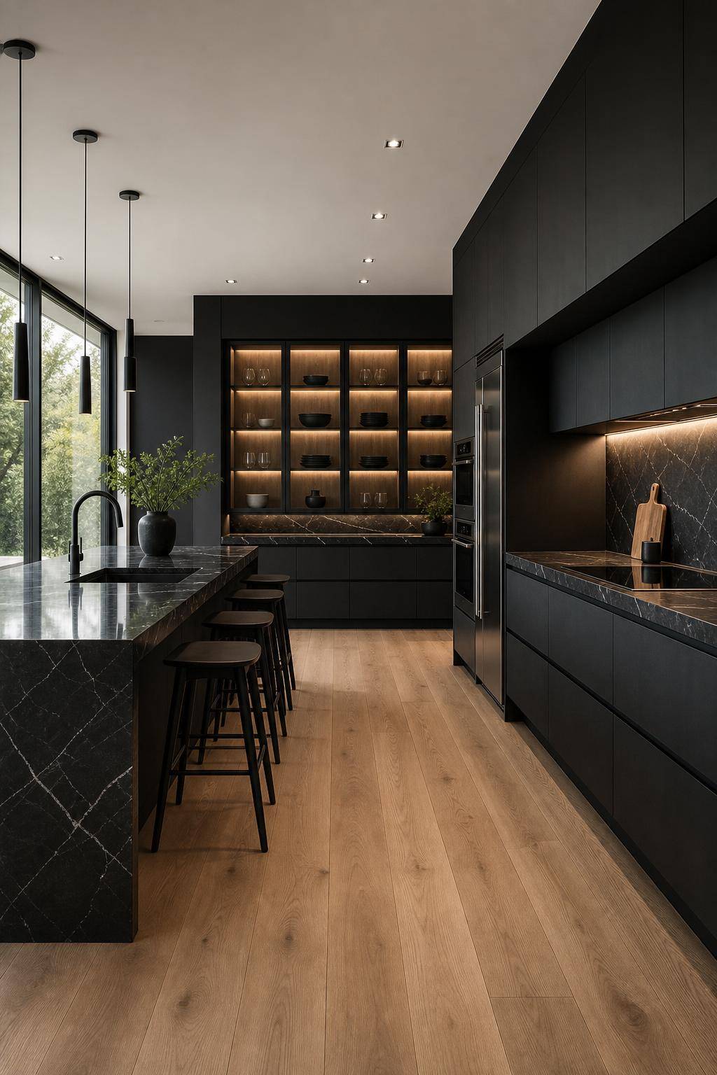 Inspiration für Küche in Schwarz- Integriere Glasvitrinen für mehr Leichtigkeit