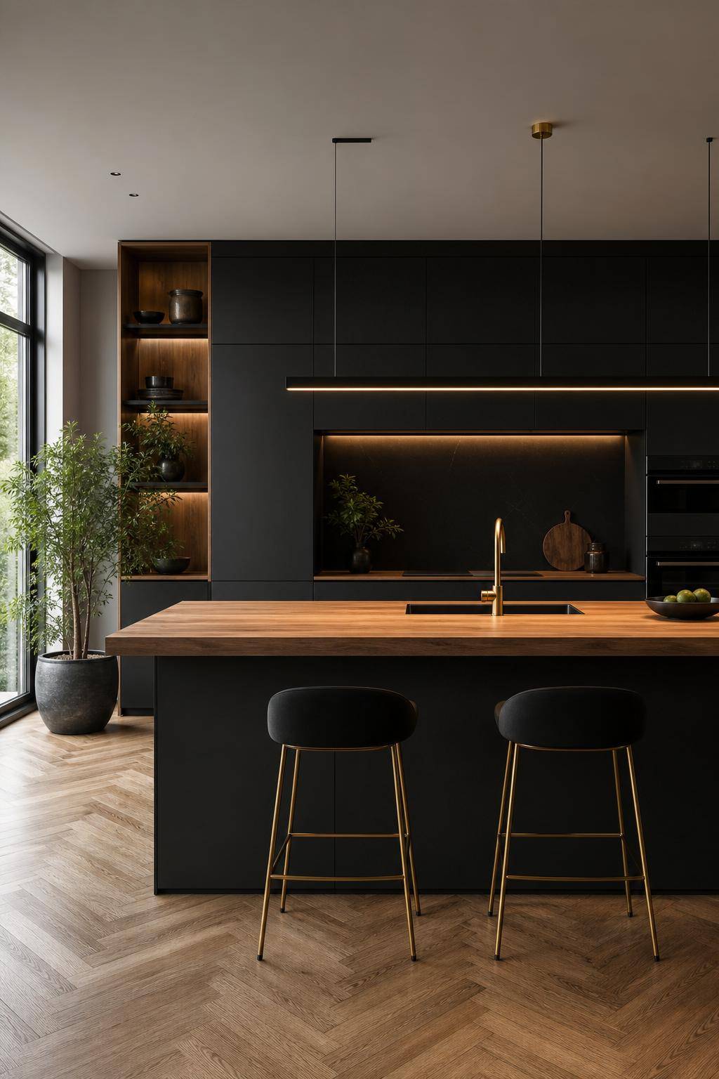Inspiration für Küche in Schwarz- Integriere Holz als warmen Kontrast