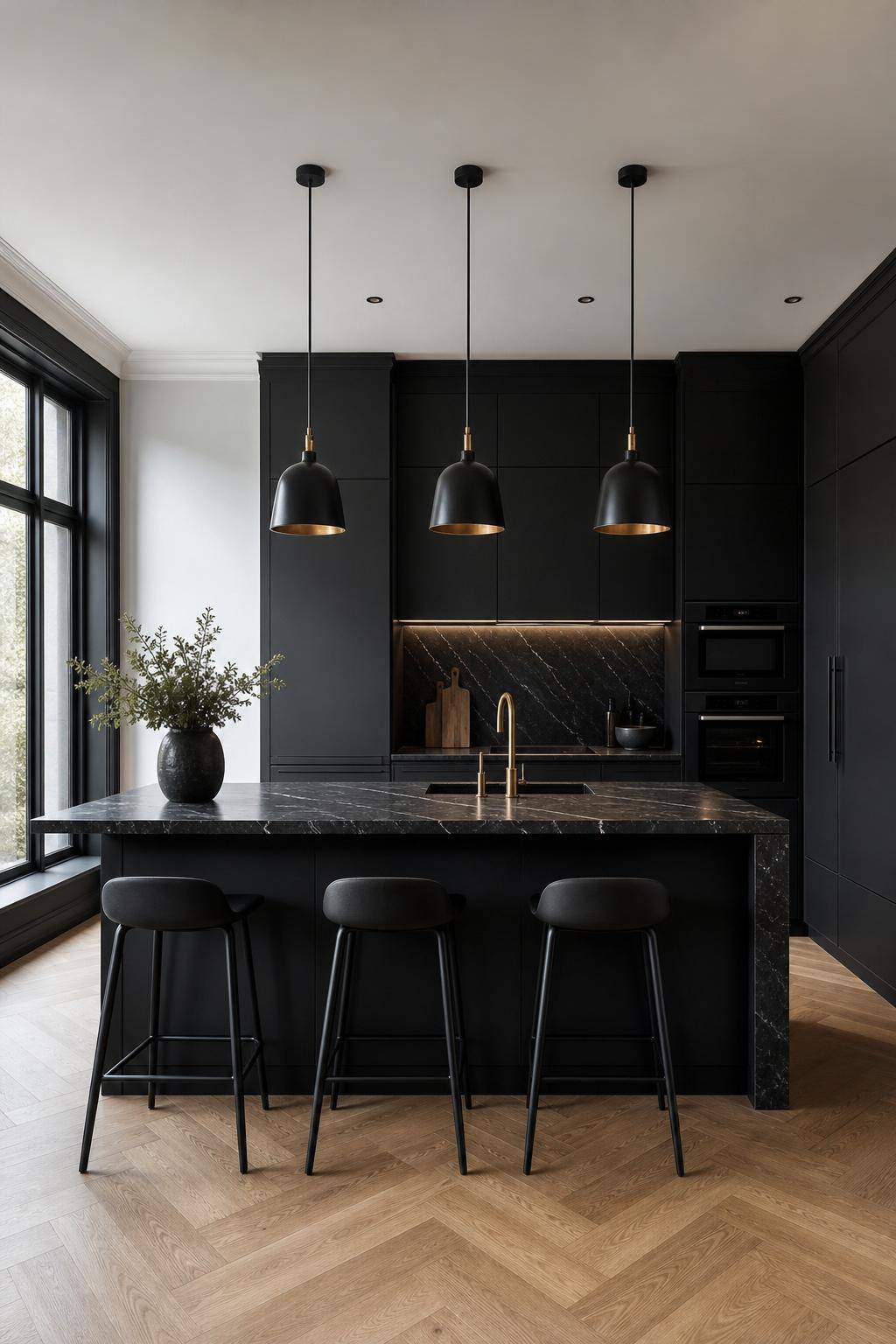 Inspiration für Küche in Schwarz- Setze Pendelleuchten in Schwarz für Harmonie ein