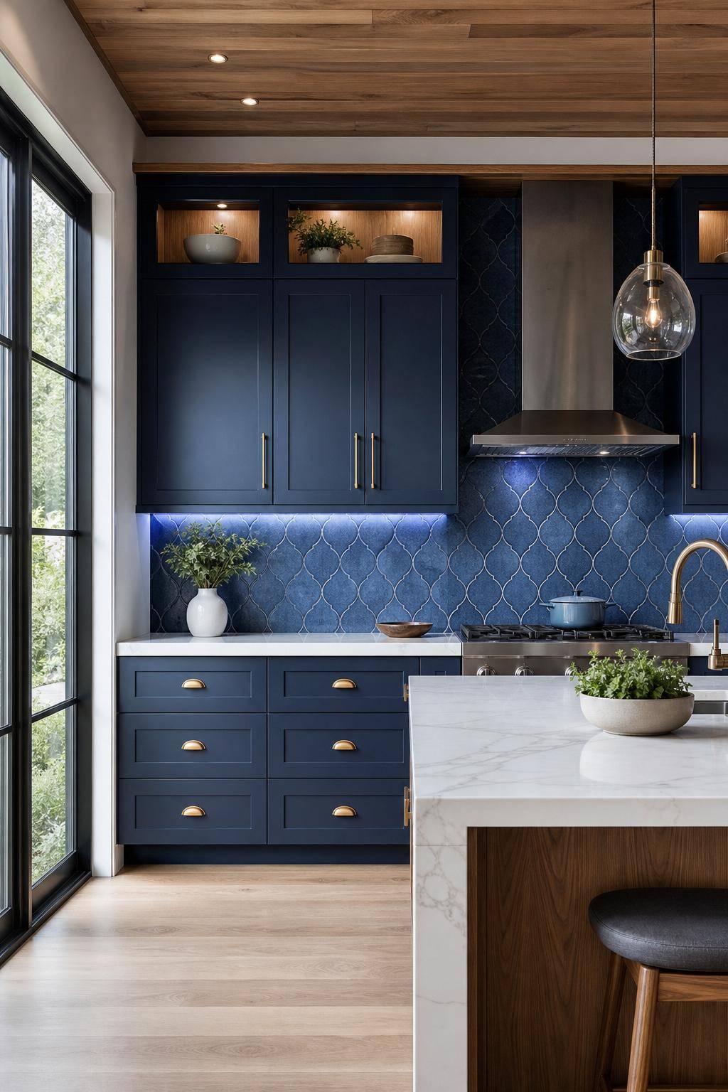 Inspiration für Küchen in Blau- Beleuchte die Arbeitsfläche mit bläulichem Licht