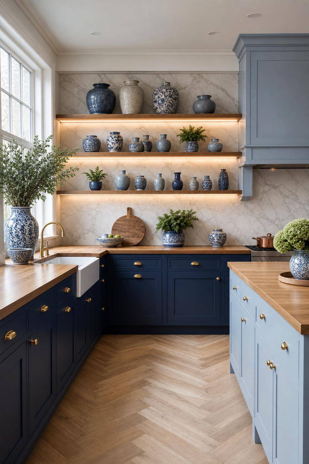 Inspiration für Küchen in Blau- Mixe Vintage-Vasen in unterschiedlichen Blauschattierungen