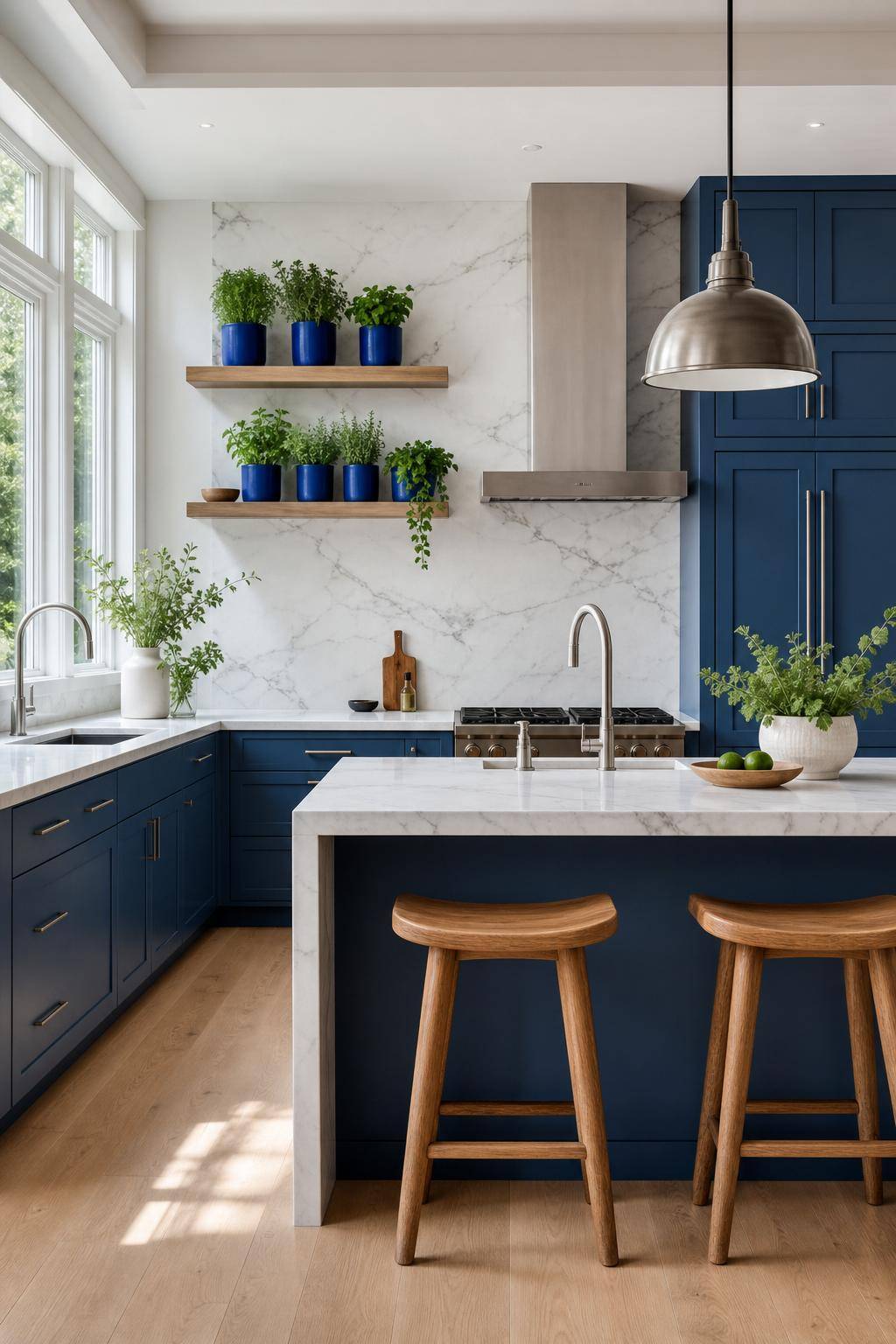 Inspiration für Küchen in Blau- Pflanze Küchenkräuter in kobaltblauen Töpfen