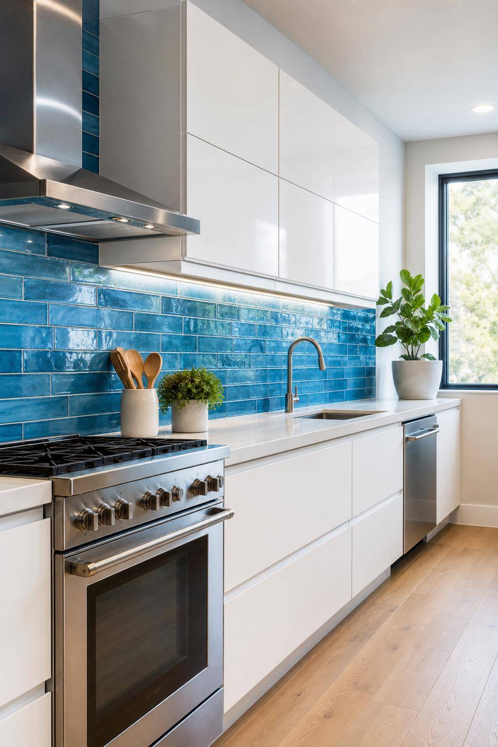 Inspiration für Küchen in Blau- Setze leuchtendes Azur in der Küchenrückwand ein