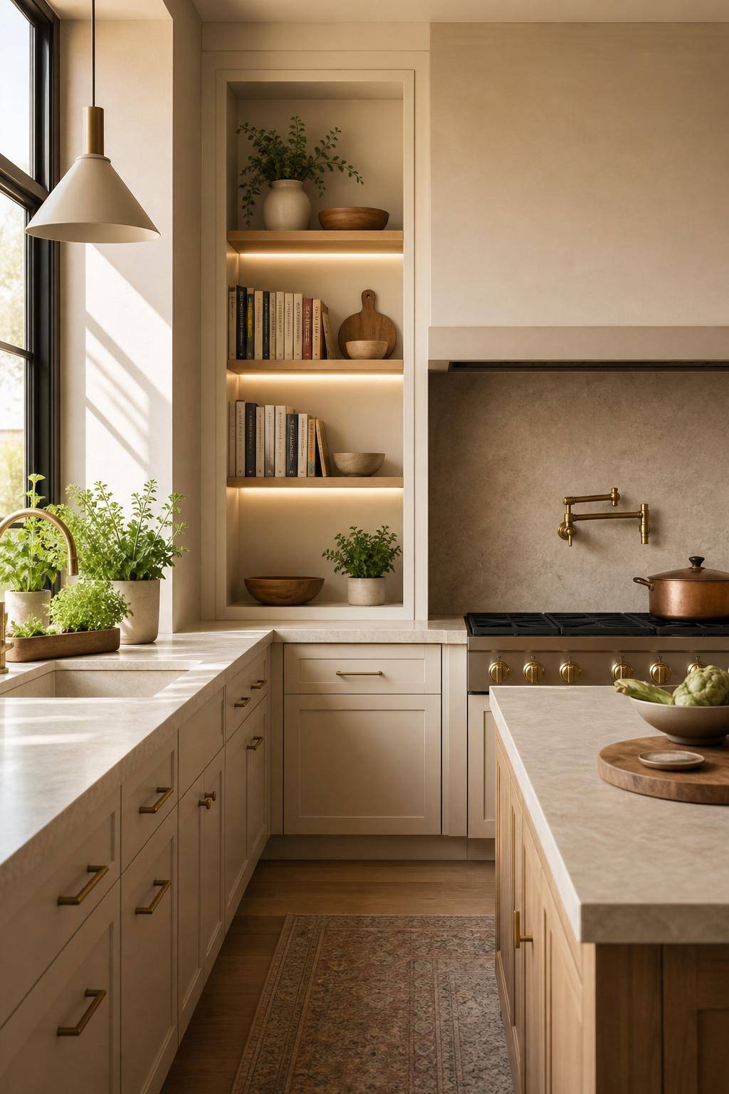 Inspiration für deine Küche in Beige- Baue ein Regal für ausgewählte Kochbücher ein