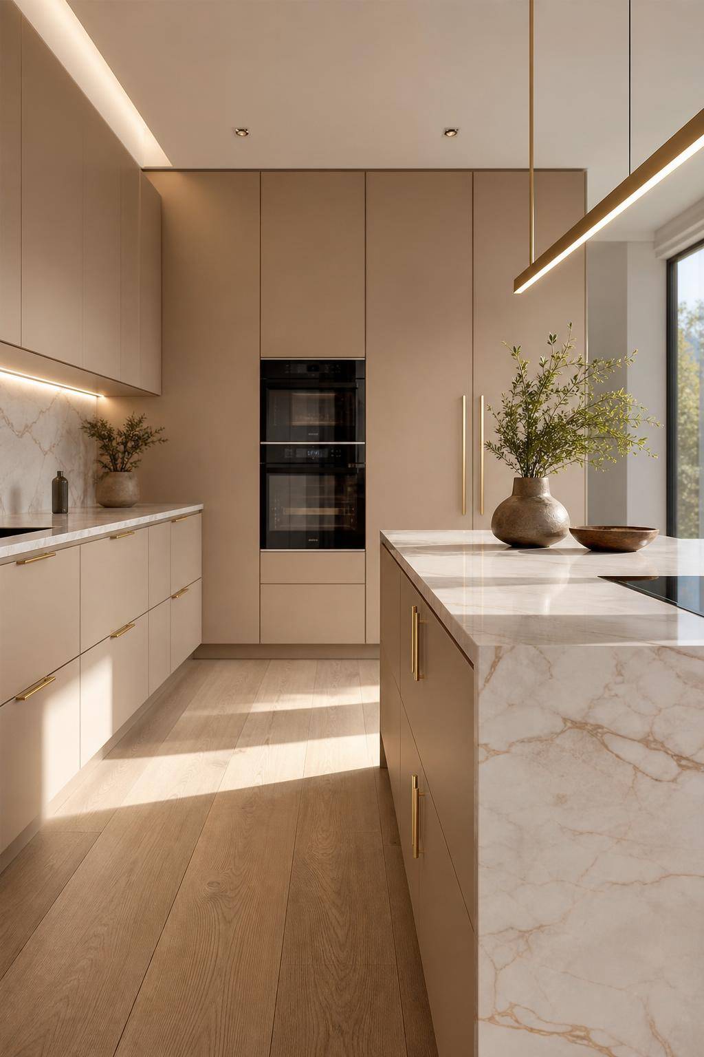 Inspiration für deine Küche in Beige- Ersetze Griffe durch goldene, elegante Varianten