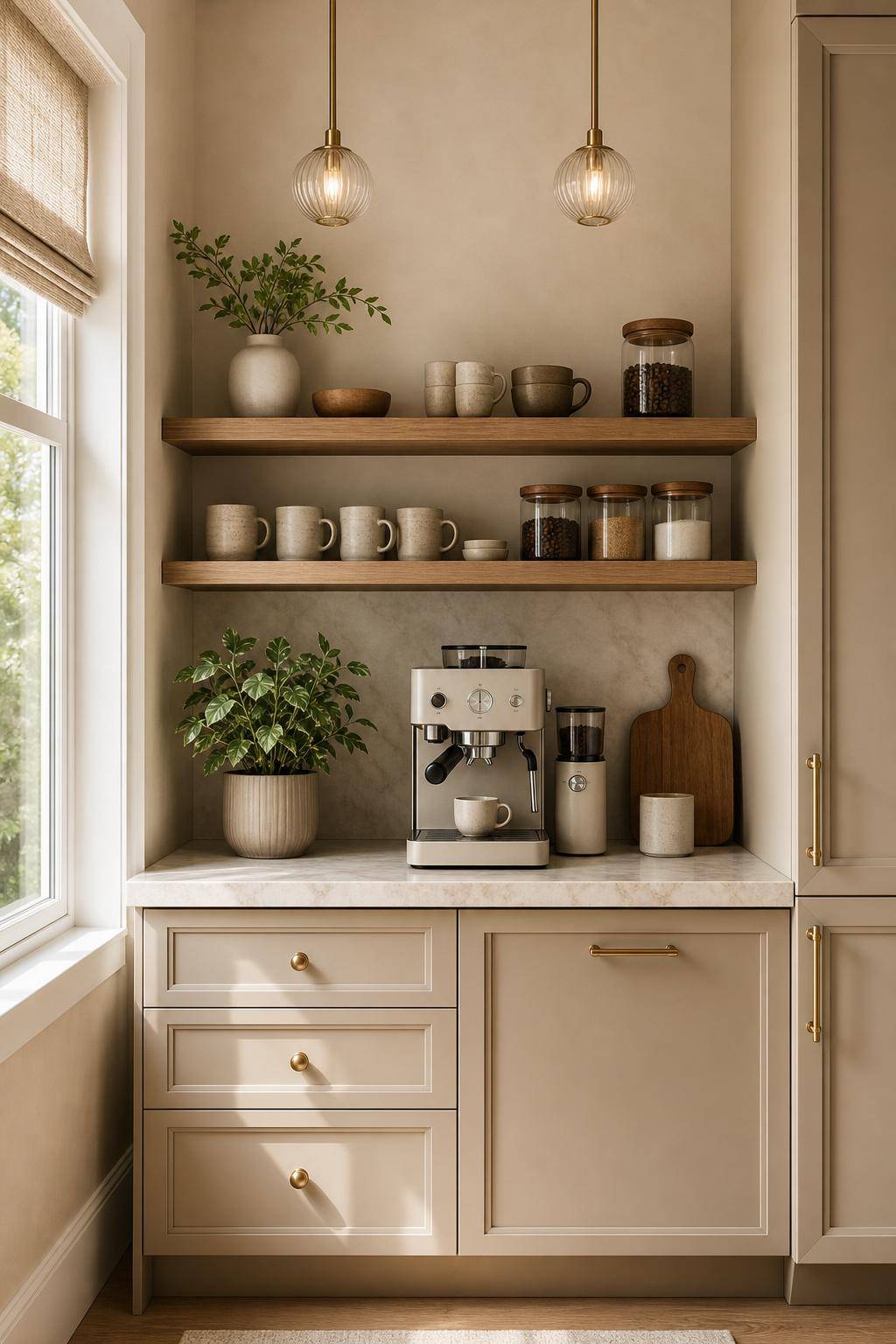 Inspiration für deine Küche in Beige- Gestalte eine Kaffee-Ecke mit beigen Accessoires