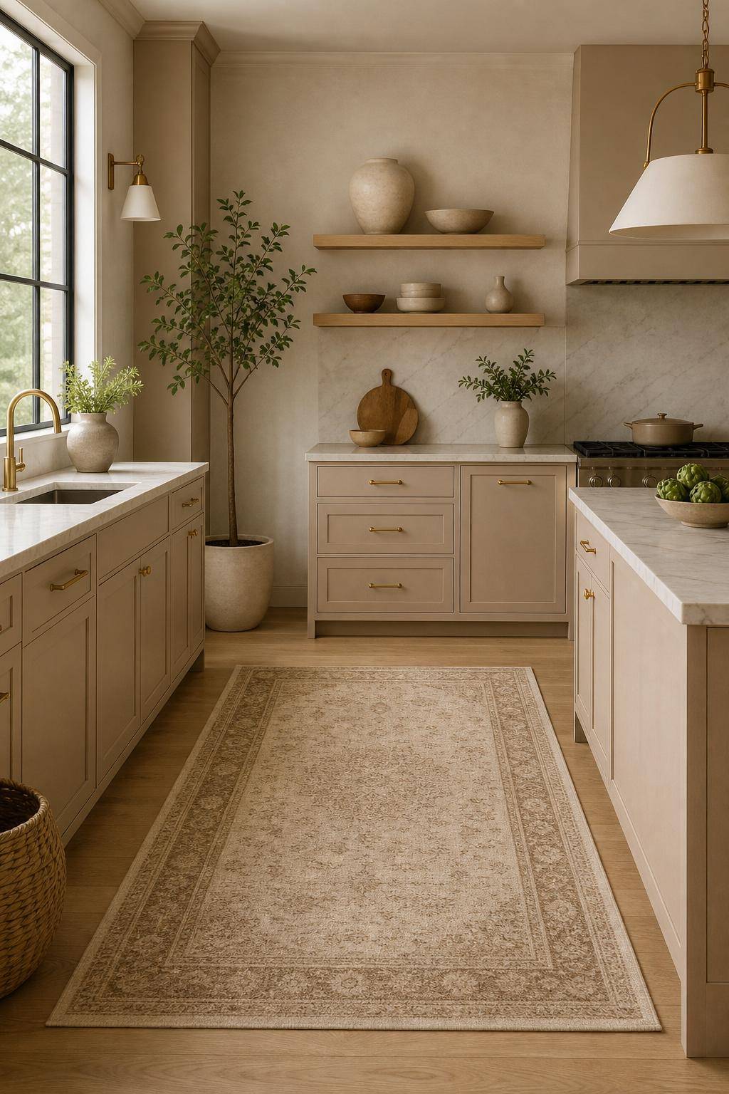 Inspiration für deine Küche in Beige- Probiere einen beigen Teppich als Eyecatcher aus