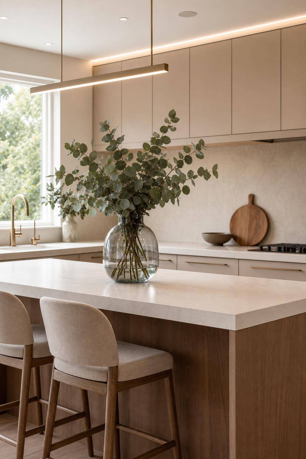 Inspiration für deine Küche in Beige- Stelle eine Vase mit Eukalyptuszweigen bereit