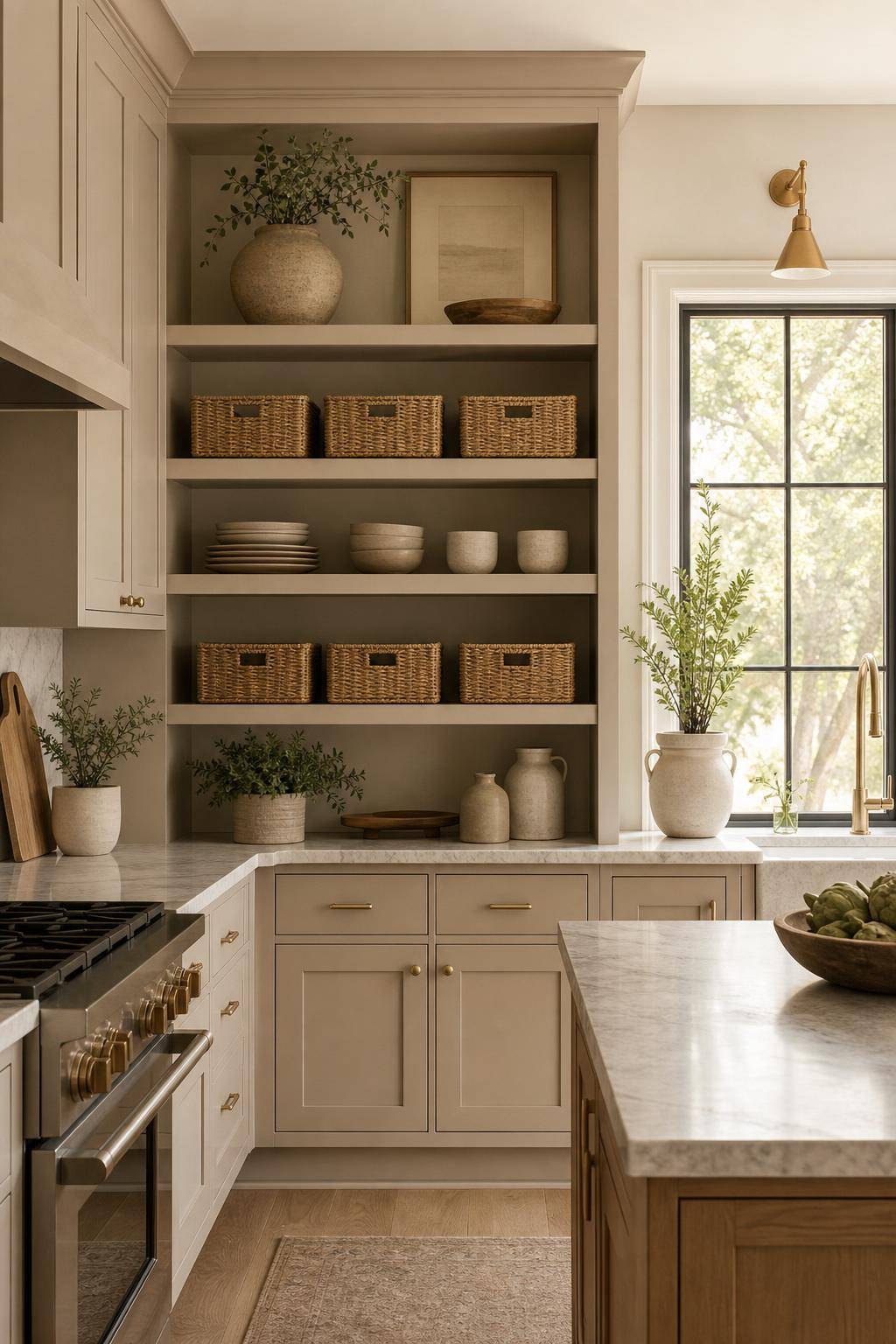 Inspiration für deine Küche in Beige- Stelle hübsche Korb-Organizer für Stauraum auf