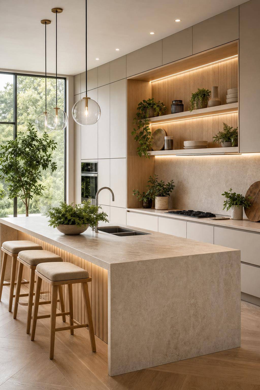 Inspiration für deine Küche in Beige- Verwende Pflanzen als frische Farbakzente