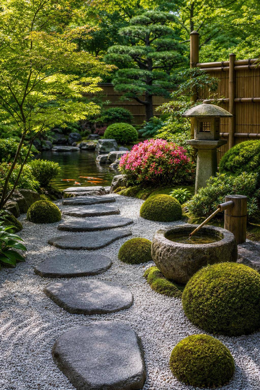 Japanischen Garten anlegen- Betone Bereiche mit Moosbällen dezent