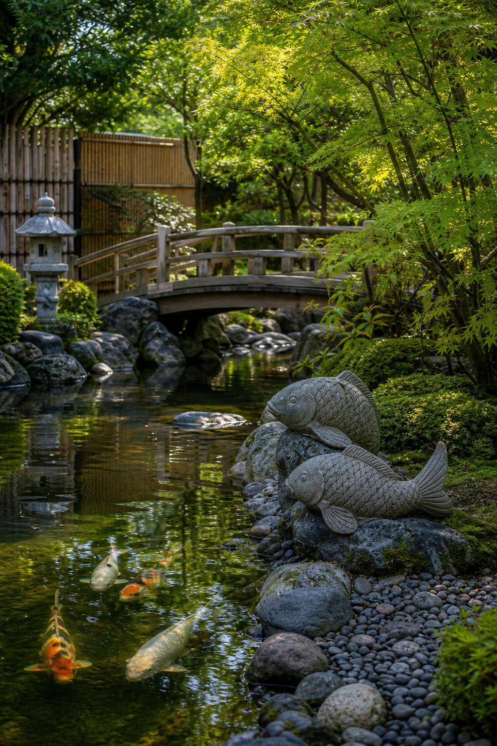 Japanischen Garten anlegen- Schmücke mit Koi-Figuren den Uferbereich